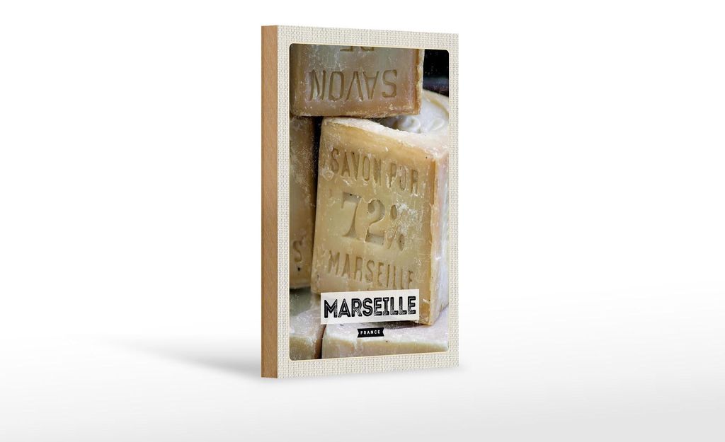 Holzschild Reise 12x18 cm Marseille France Savon pur 72% Dekoration