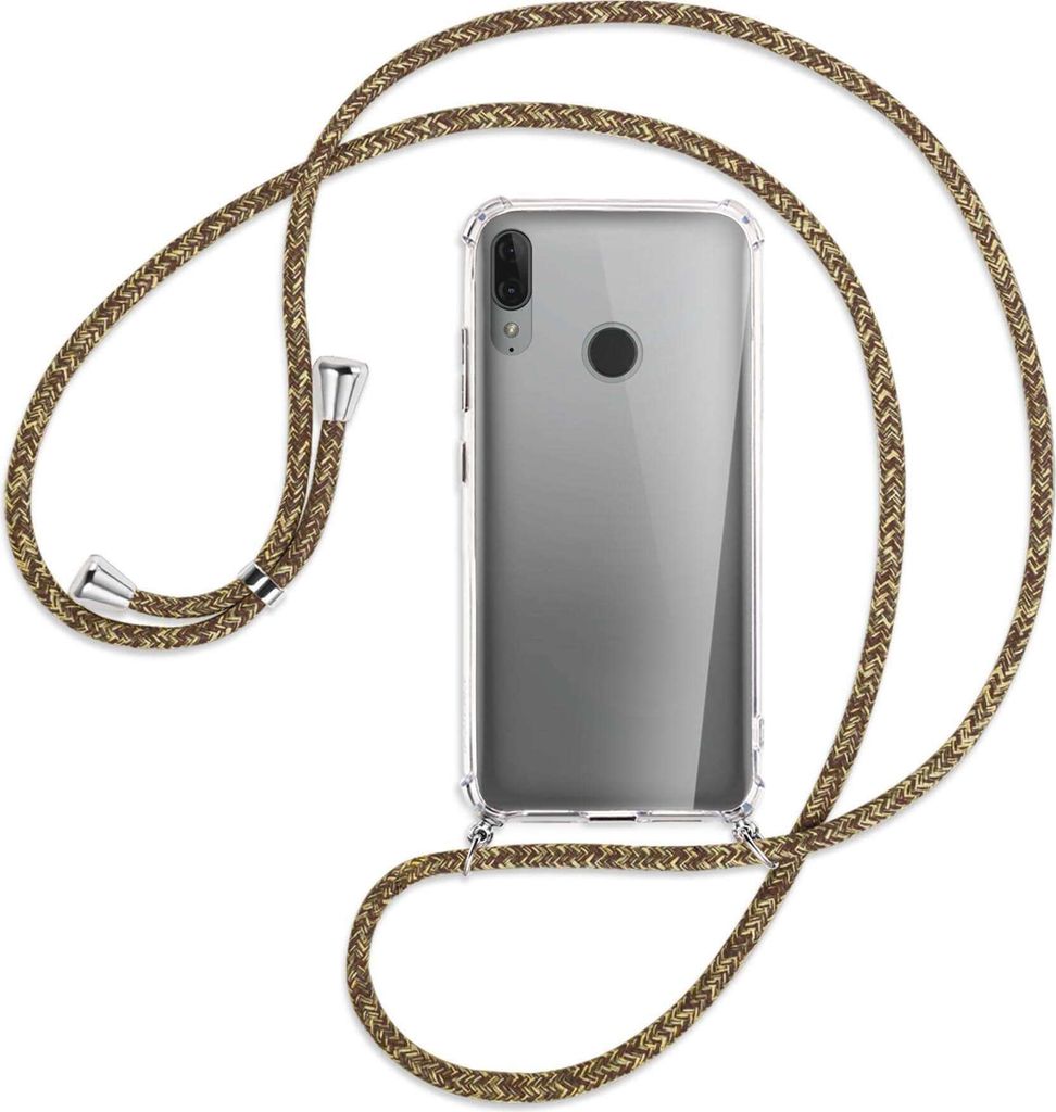 Handykette Backcover-Schutzhülle mit Band (Metall silberfarben) für Motorola Moto E6 Plus - braun+beige