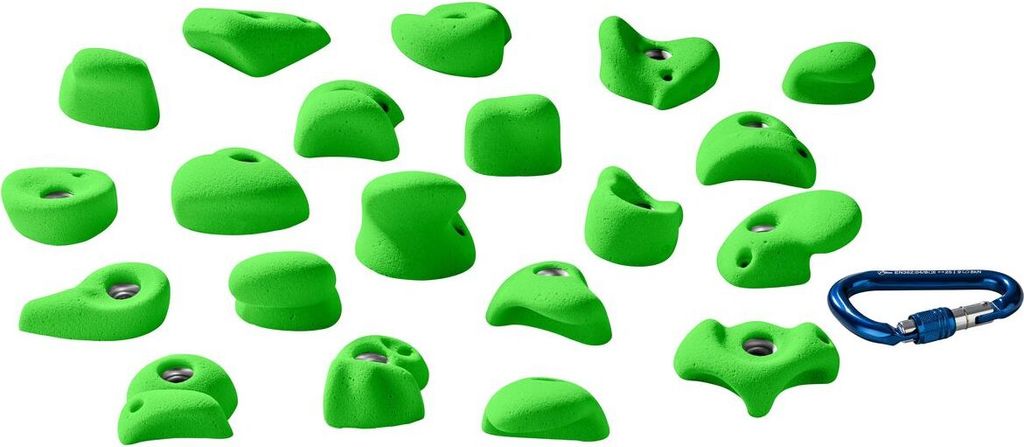 Grüne Kinderklettergriffe von Entre Prises; geeignet für Kletterwände; inklusive Karabiner.