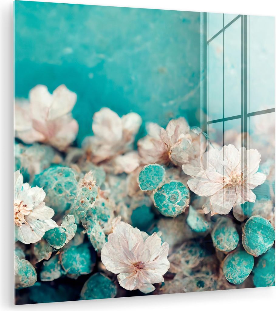 MuchoWow Glasbilder - Bilder auf Wandbild - Foto auf Glas Blumen - Blau - Natur - Weiß 90x90 cm Wanddekoration aus Glas - Acrylglasbild - Acrylbil...