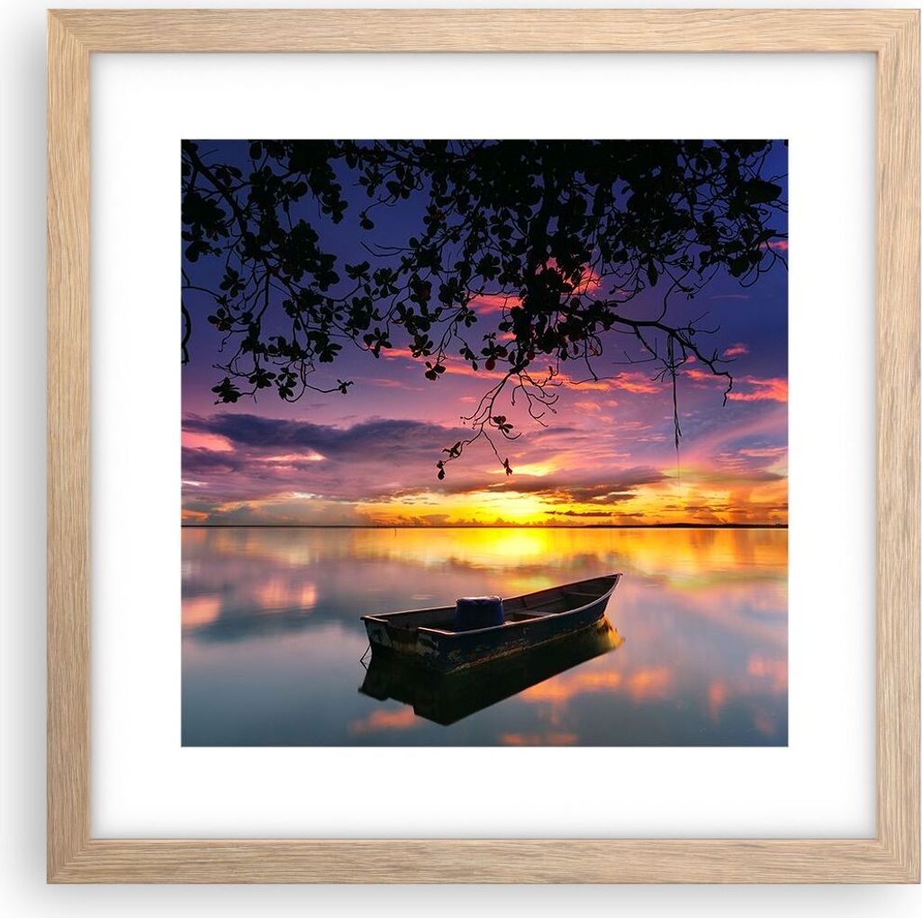 Gerahmtes Poster - Rahmen in heller Eiche - Boot Sonnenuntergang See Himmel - 30x30 cm - Wand Bild - Wanddeko - Wandbilder - Wandposter - Bilderrah...