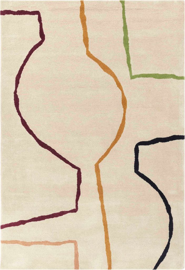 Wollteppich Handgetuftet | Designerteppich 100% Schurwolle | Weicher Wohnzimmerteppich Pflegeleicht | Abstraktes Linienmuster | Beige Bunt 120x170c...