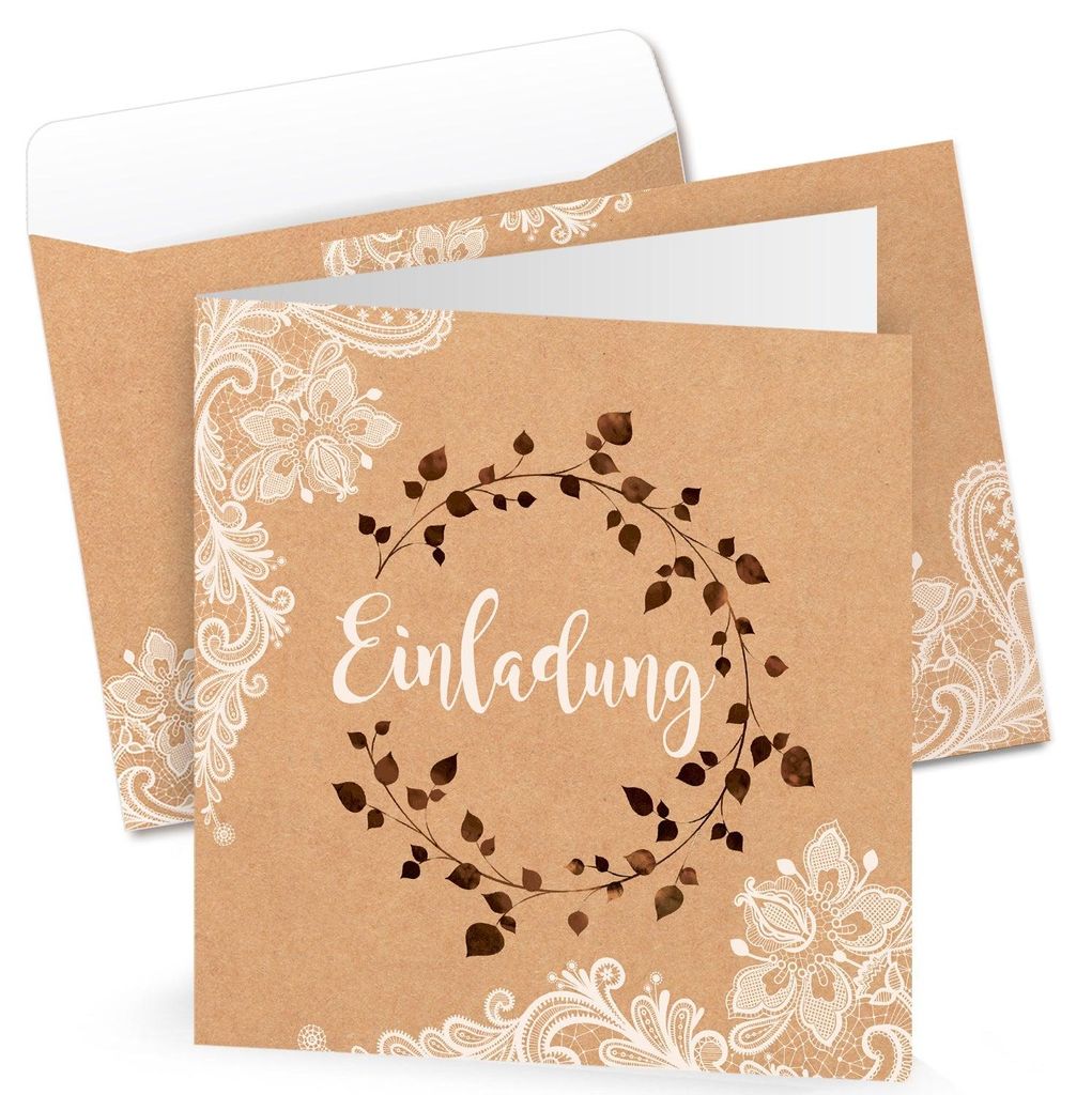 Logbuch-Verlag 10 Einladungskarten + Kuverts quadratisch Kraftpapier braun Spitze Boho Vintage Stil Einladung Karte Hochzeit Hochzeitseinladung20 S...