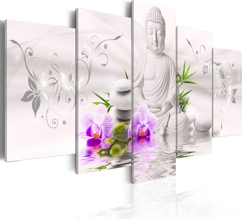 Leinwandbilder 200x100 cm b-A-0020-b-n Vlies Leinwandbild 5 tlg Kunstdruck modern Wandbilder XXL Wanddekoration Design Wand Bild BUDDHA BLUMEN