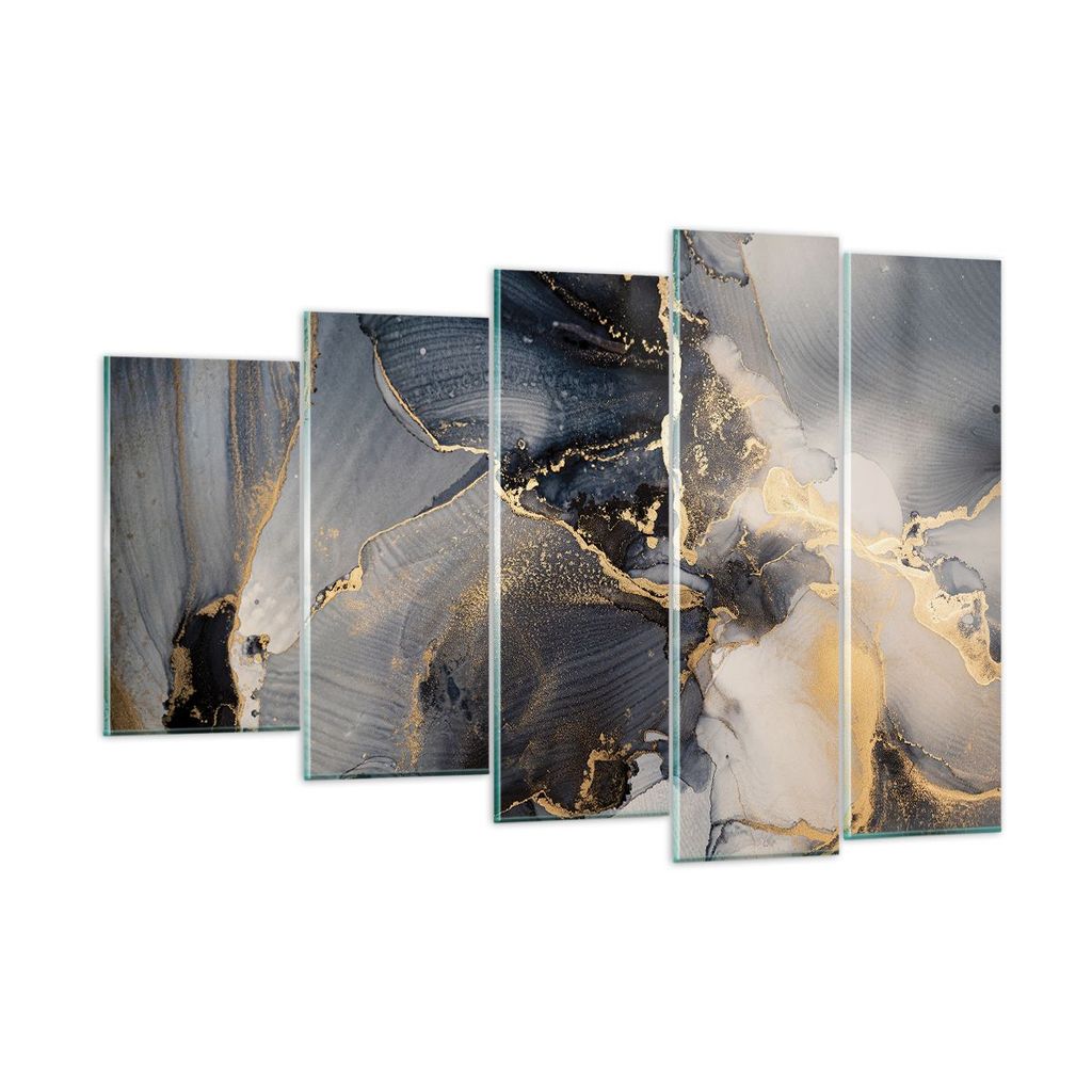 Bilder auf glas - 5 Teile - Dunkel Abstraktion Gold - 150x100cm - Glasbilder - Wandbilder - Bilder - zum Aufhängen bereit - Wanddekoration aus Gla...