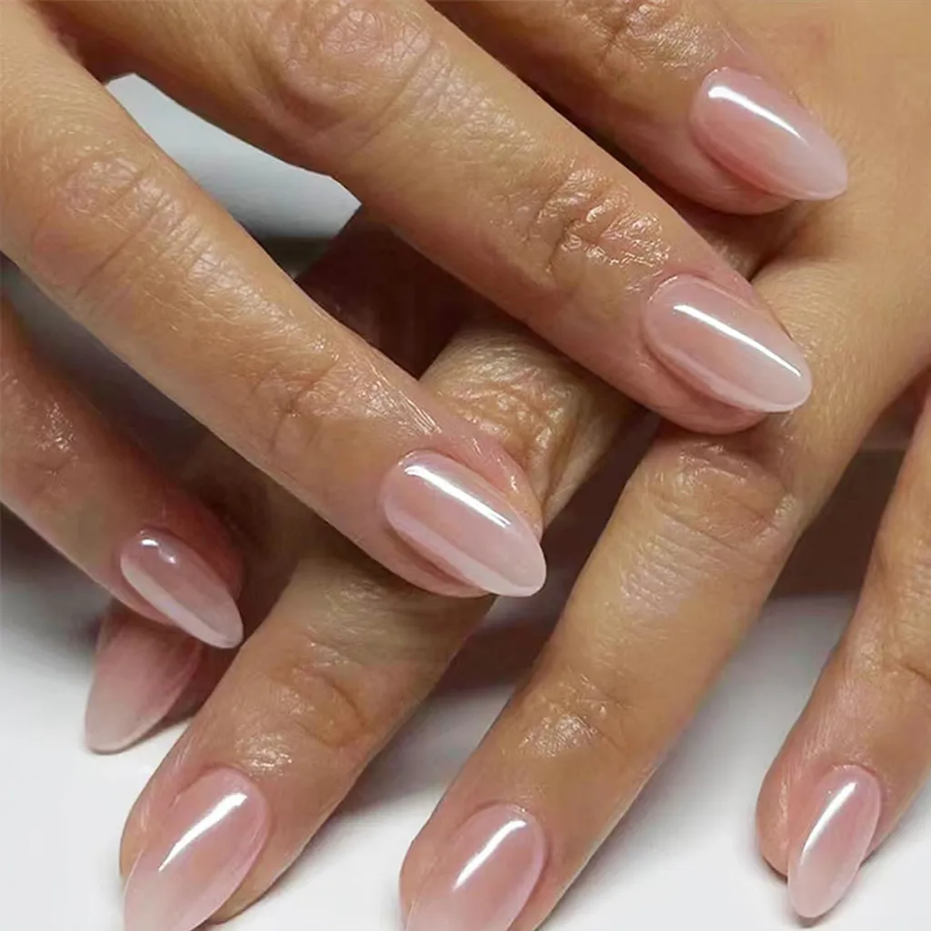 24 Faux Ongles dégradé rose autocollants ovales de longueur moyenne