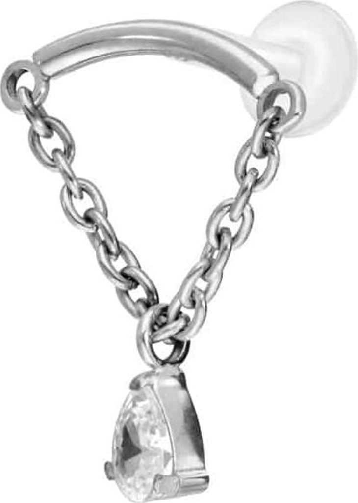 Ohrpiercing, Nasenpiercing PTFE Labret mit Innengewinde + Titan-Aufsatz BOGEN + KETTE + KRISTALLTROPFEN Silber Stablänge: 7mm | Stabstärke: 1,2mm