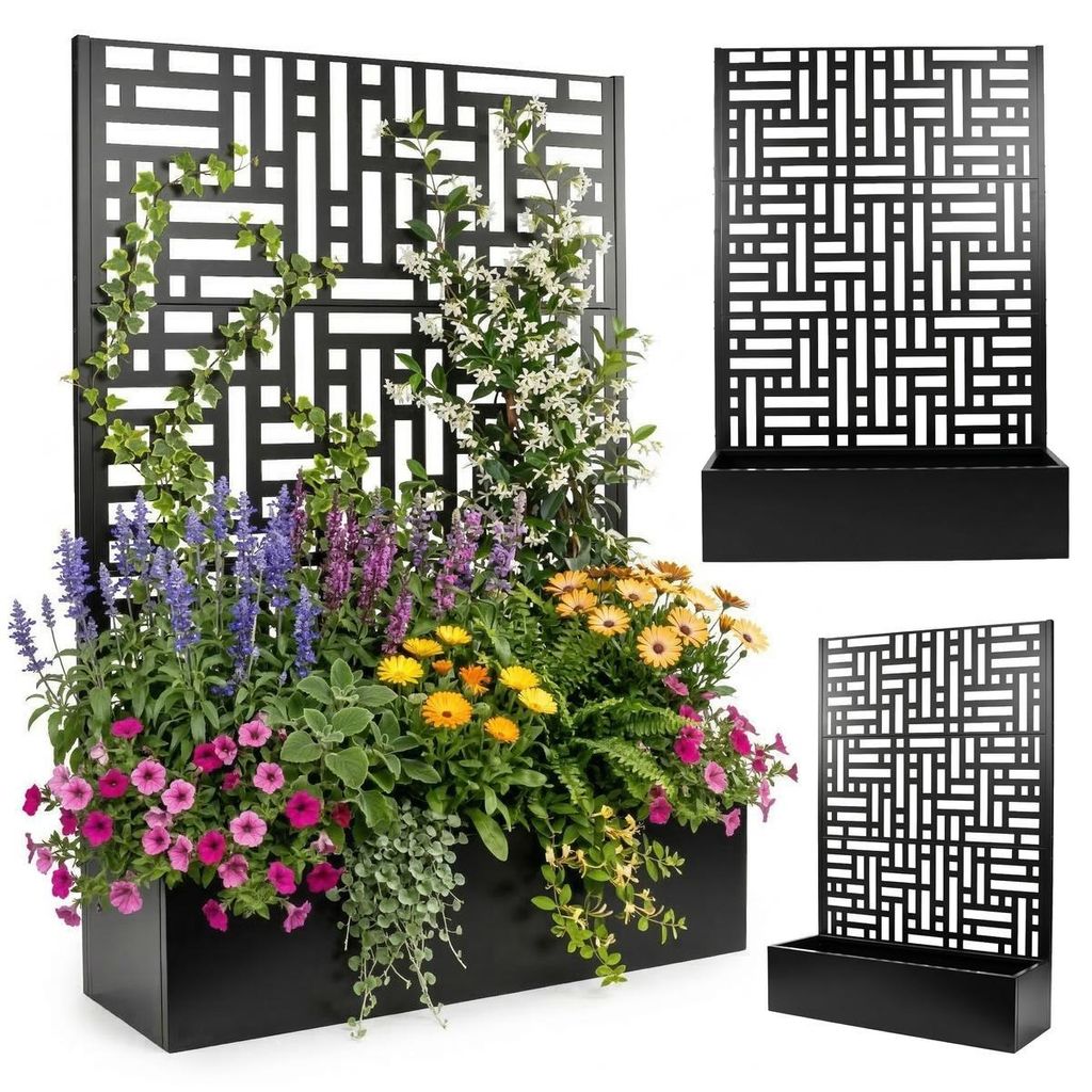 Blumenkasten mit Rankgitter, Spalier mit Pflanzkästen und Drainagelöchern, Gartenspalier aus Metall, groß, schwarz,