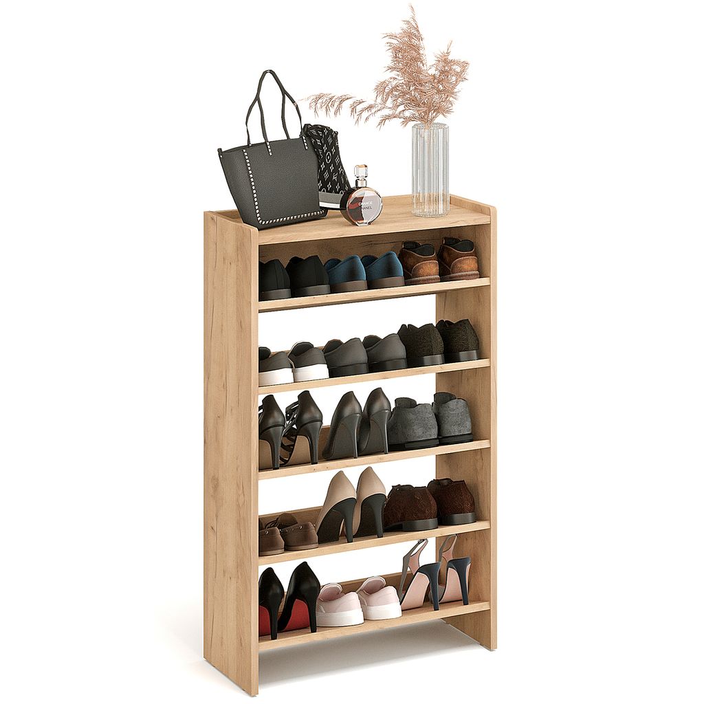 KOMTO Schuhregal Schmal - Schuhablage Flur mit 5 Ebenen Offener Schuhschrank Schuh Organizer Platzsparend Elexis 60 x 25 x 98 cm Honig Eiche