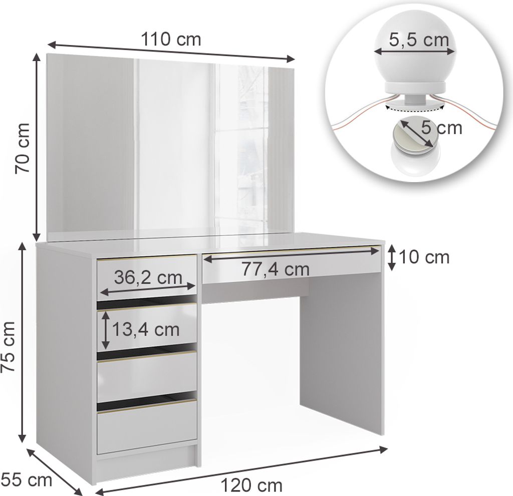 Coiffeuse Vicco Sherry Blanc/Or 120cm avec éclairage LED, Image du produit 