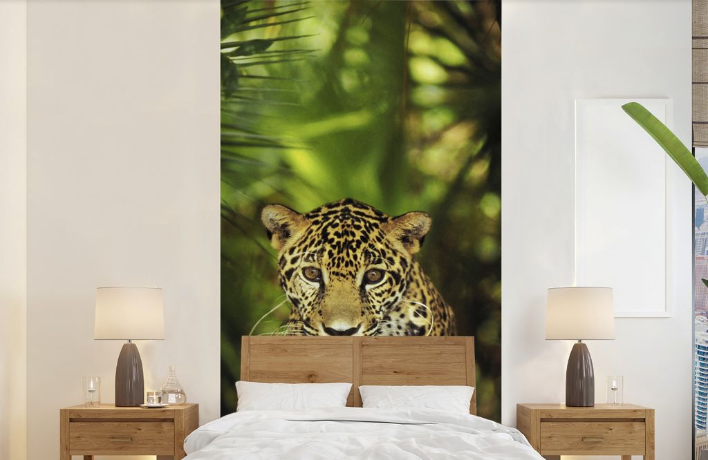 MuchoWow Fototapete für Wohnzimmer oder Schlafzimmer Wandtapete Vinyl Motivtapete Junger Jaguar im Dschungel - 120x240 cm - Hintergrundbild