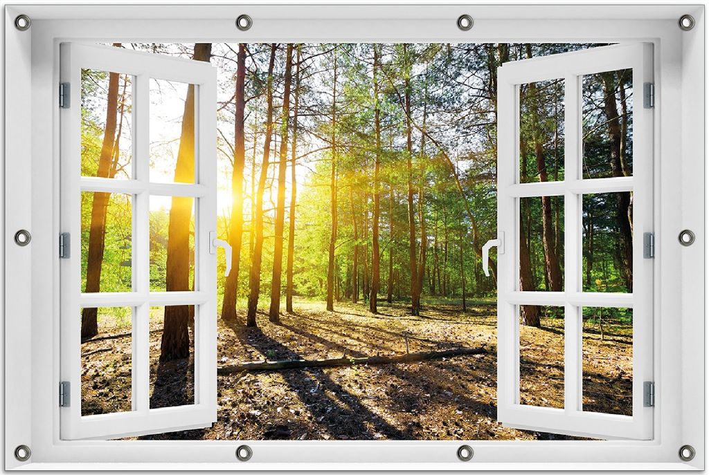Wallario Outdoor-Poster für Garten oder Balkon 80 x 120 cm: Sonnenstrahlen tief hinter dem Wald