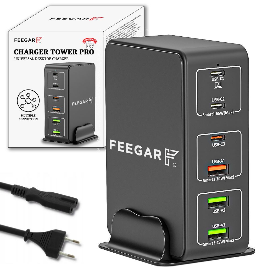 Feegar Tower 140W Ladestation USB 6-Port Desktop Wandladegerät,Tragbarer Mehrfach Port USB Ladegerät mit 6 USB-A und USB-C PD PPS Quick Charge QC...