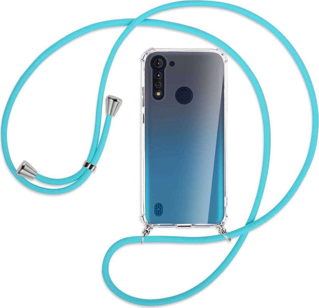Handykette Backcover-Schutzhülle mit Band (Metall silberfarben) für Motorola Moto G8 Power Lite - türkis