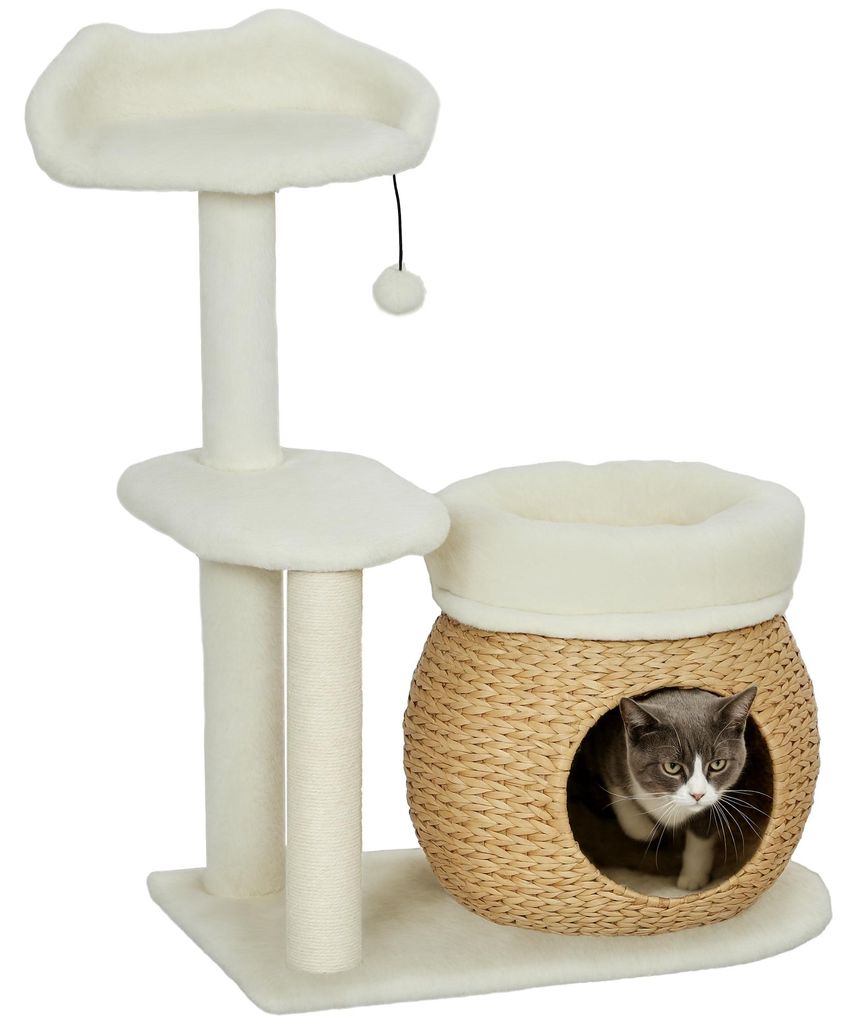 Kratzbaum mit Katzenh?hle. Spielball und Plattform. Schilfrohr/Sisal. bis 10 kg. 60 x 40 x 79 cm. Cremewei?