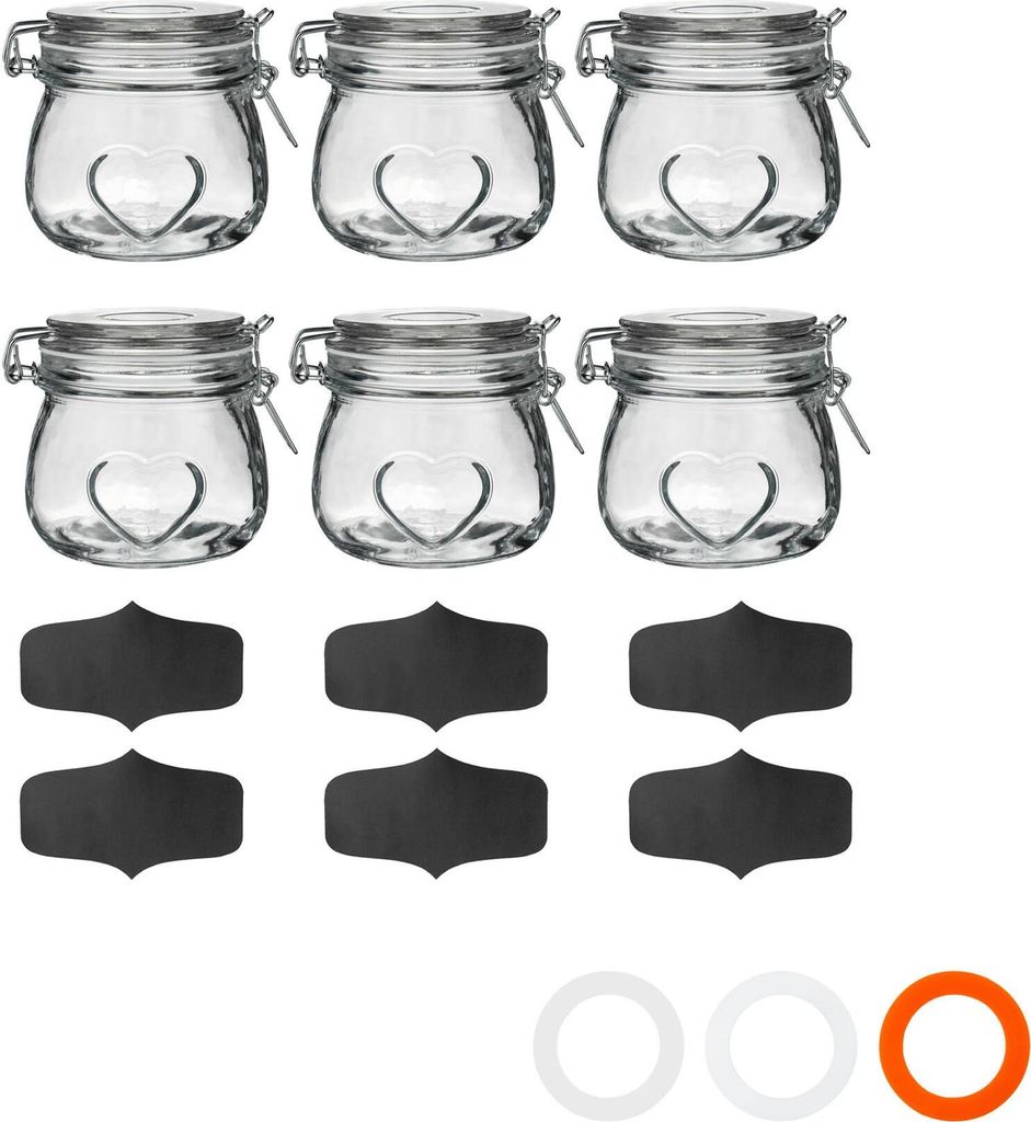 Herzförmige Vorratsgläser aus Glas mit Etiketten – 500 ml – transparenter Verschluss – 6 Stück