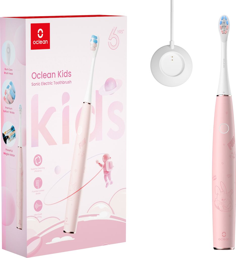 The image shows the packaging of an Oclean Kids Sonic Electric Toothbrush, along with the toothbrush itself and its charging base.