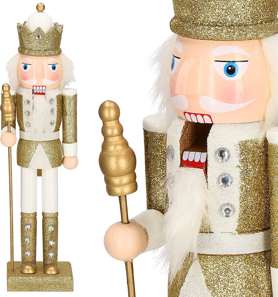 SPRINGOS Nussknacker Figur aus Holz Soldat Höhe: 38 cm mit langem Bart und Glitter Weihnachten Weihnachtsdekoration