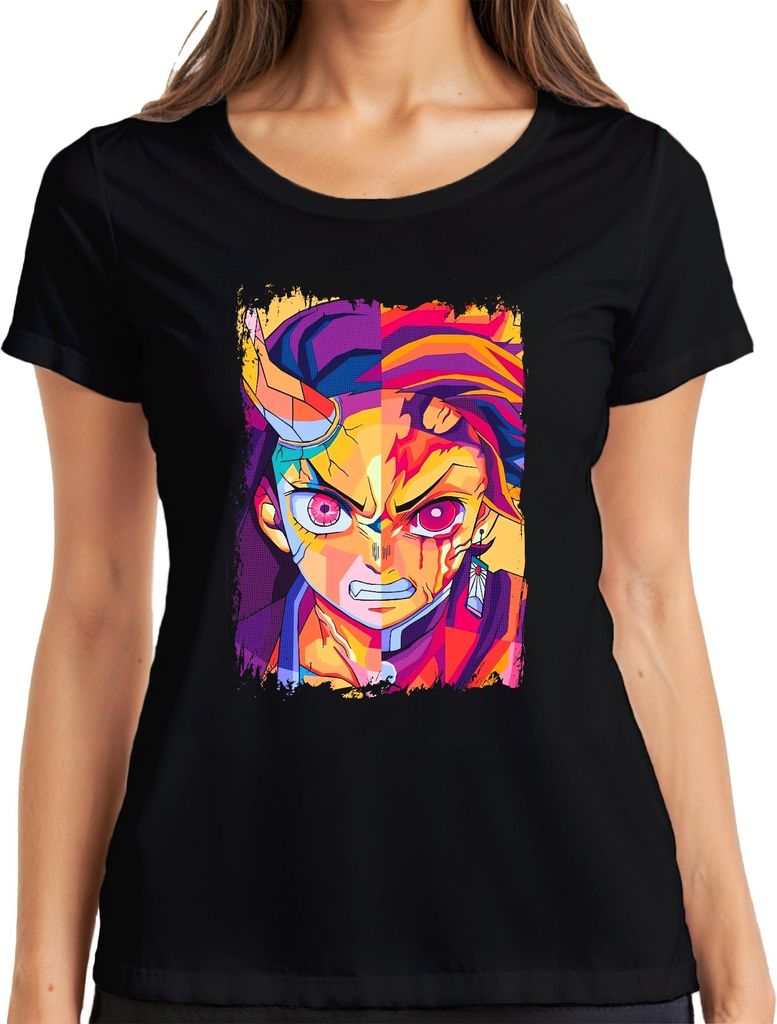 Dämonenjäger Anime Hanafuda Ohr blutiges geteiltes Gesicht Japan Y2K Streetwear Damen T-Shirt, Schwarz, S