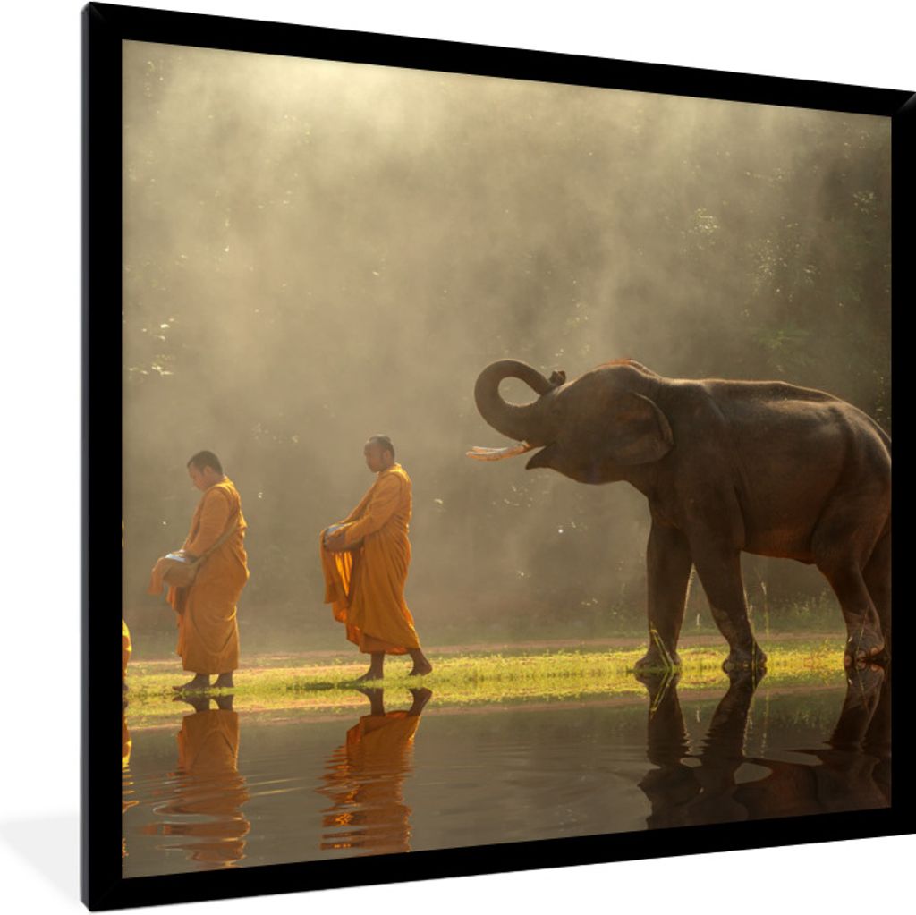 MuchoWow Gerahmtes Poster Elefant mit Mönchen 40x40 cm - Poster mit Schwarzem Bilderrahmen Wandposter Rahmen Foto Bilder - Mit Rahmen - Wanddeko...