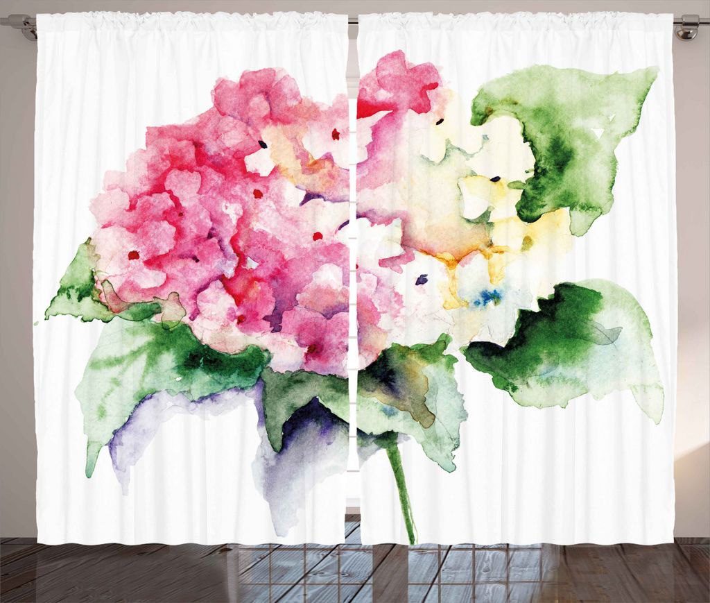 ABAKUHAUS Blumen Rustikaler Gardine, Hydrangea-Blumen-Blumenstrauß, Schlafzimmer Kräuselband Vorhang mit Schlaufen und Haken, 280 x 175 cm, Grün...