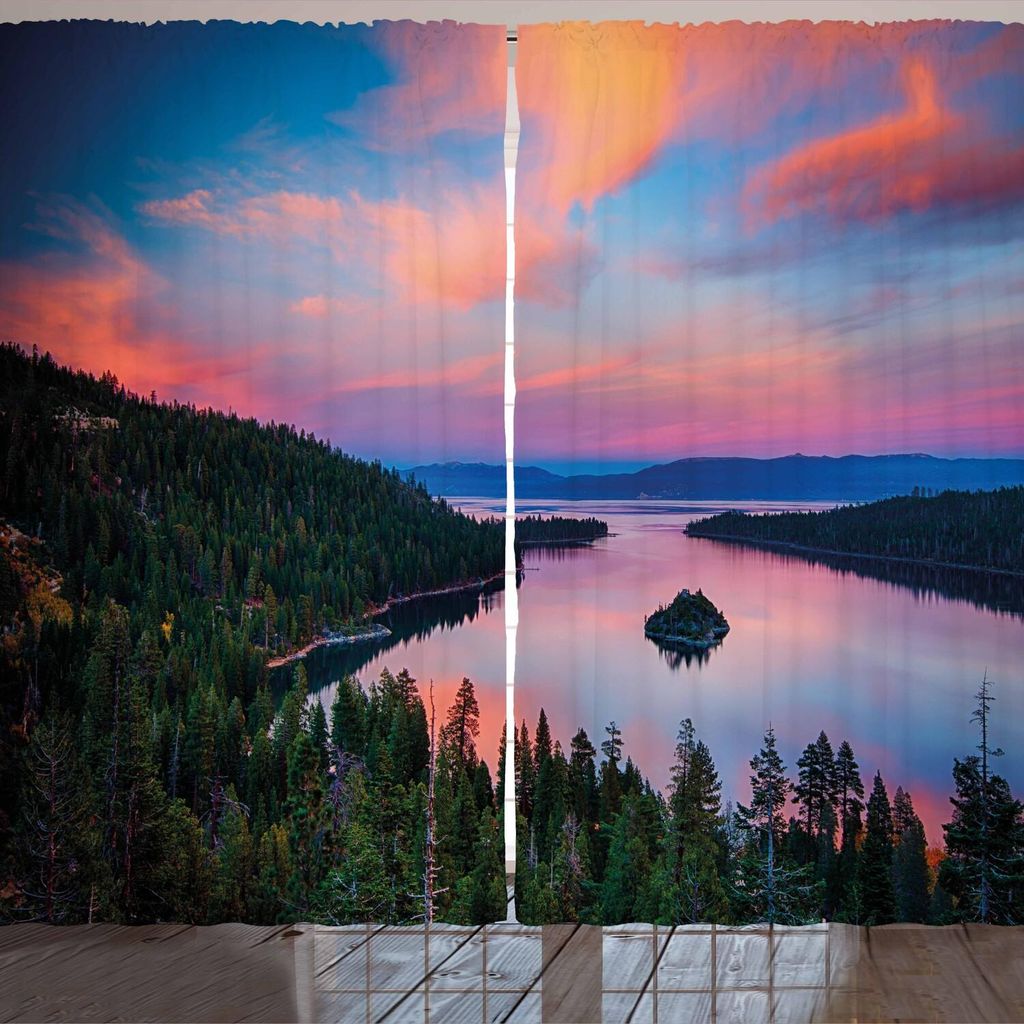 ARANDE Lake Tahoe Gardine, Kalifornien Fotografie Rustikale Themen Sonnenuntergang Zeit Süßwasser Sierra Nevada Lake, 280 x 175 cm, Mehrfarbig