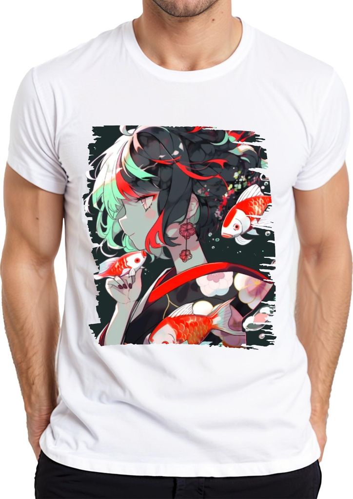 Anime Mädchen im Kimono Koi Karpfen Japanische Kunst Illustration Herren T-Shirt, Weiß, L