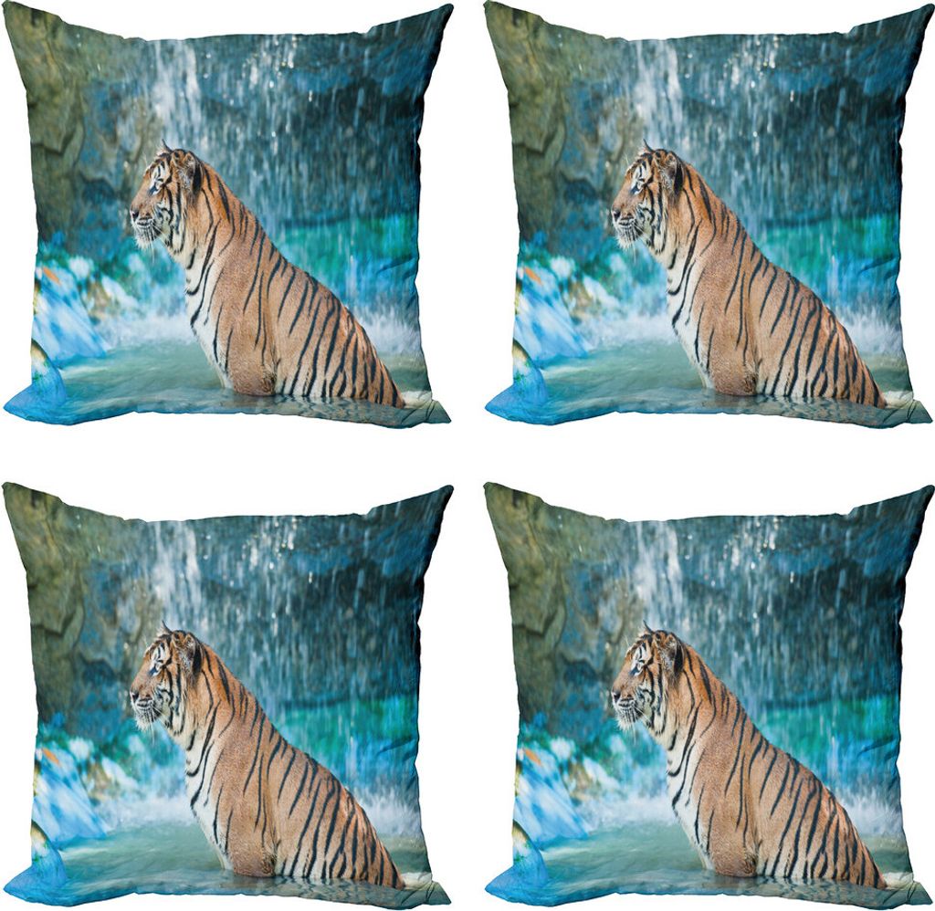 ABAKUHAUS Tiger Kissenbezug Set (4 Stück), Feline Tier in Teich, Moderner Doppelseitiger Digitaldruck, 60 cm x 60 cm, Pale Brown Türkis