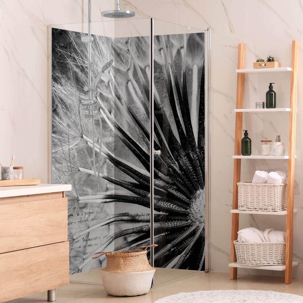 Duschrückwand Blumen selbstklebend - 0.61 mm Wandpaneel wasserfest Pusteblume schwarz weiss Motiv Badrückwand fugenlos Premium matt 80x190 cm