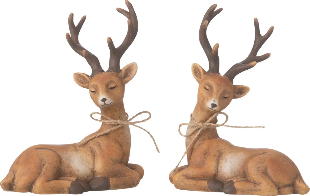 J-Line Renne Couché Porcelaine Marron - Lot de 2 Figurines de Noël