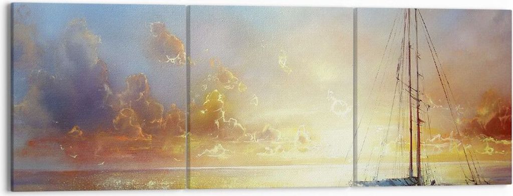 Bild auf Leinwand - Leinwandbild - 3 Teile - Segelboot Westen die Sonne - 150x50cm - Wand Bild - Wanddeko - Wandbilder - Leinwanddruck - Bilder - W...