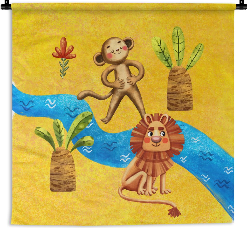 MuchoWow Wandteppich Wandbehang Affe - Löwe - Dschungel - Fluss 150x150 cm Tapisserie Dekoration Wandtuch - Wohnaccessoires - Modernes