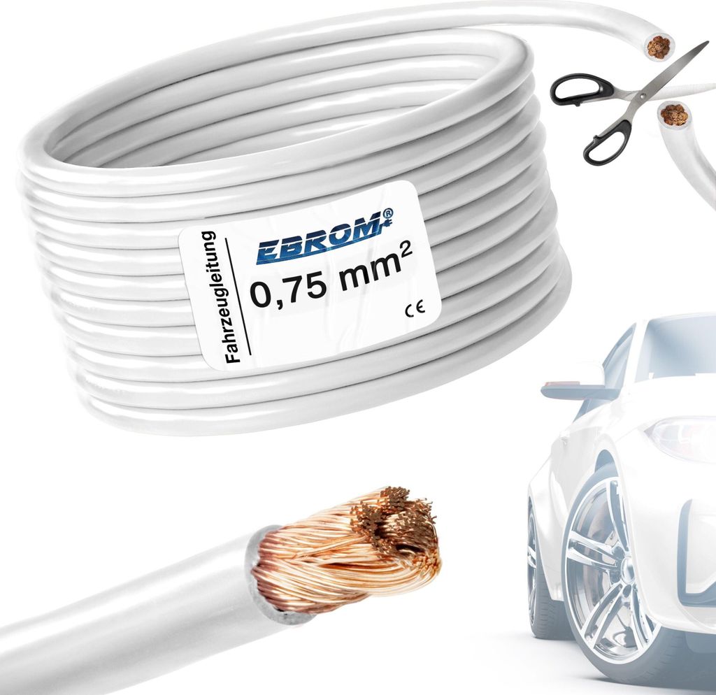 25 Meter EBROM FLRY 0,75mm2 Fahrzeugleitung - KFZ Leitung - Farbe: weiß (weiss) - Querschnitt 0,75 mm² (mm2) flexibel 90 ± 5 Shore 99,99% Kupfer...