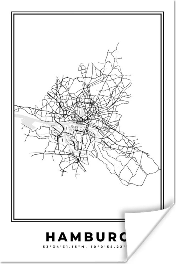 MuchoWow Poster Deutschland - Hamburg - Stadtplan - Karte - Schwarz-Weiß - Karte 80x120 cm - Papierdruck