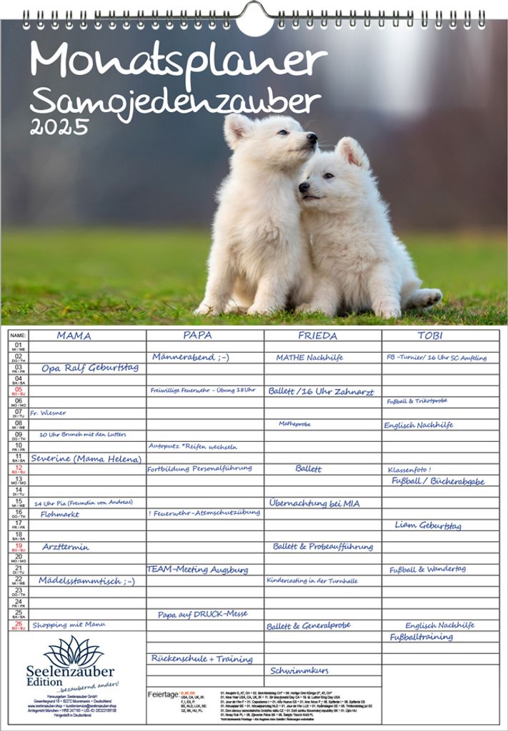 Smojedenzauber Planer Wandplaner Familienplaner 4 Spaltenplaner DIN A3 Kalender für 2025 Hunde Smojeden - Seelenzauber