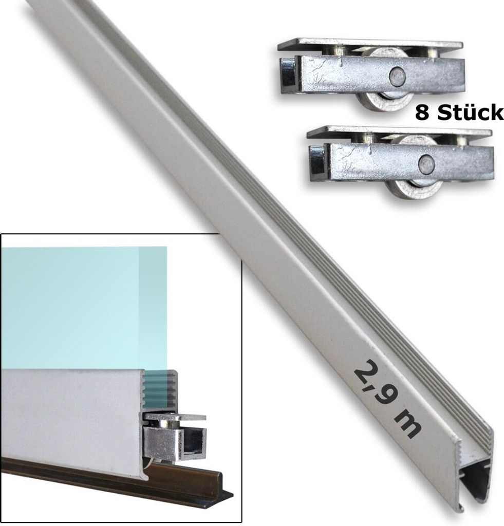 Montageset bestehend aus Aluminium-Montageschiene (2,93 m) für Glasscheiben inkl. 8 Laufrollen