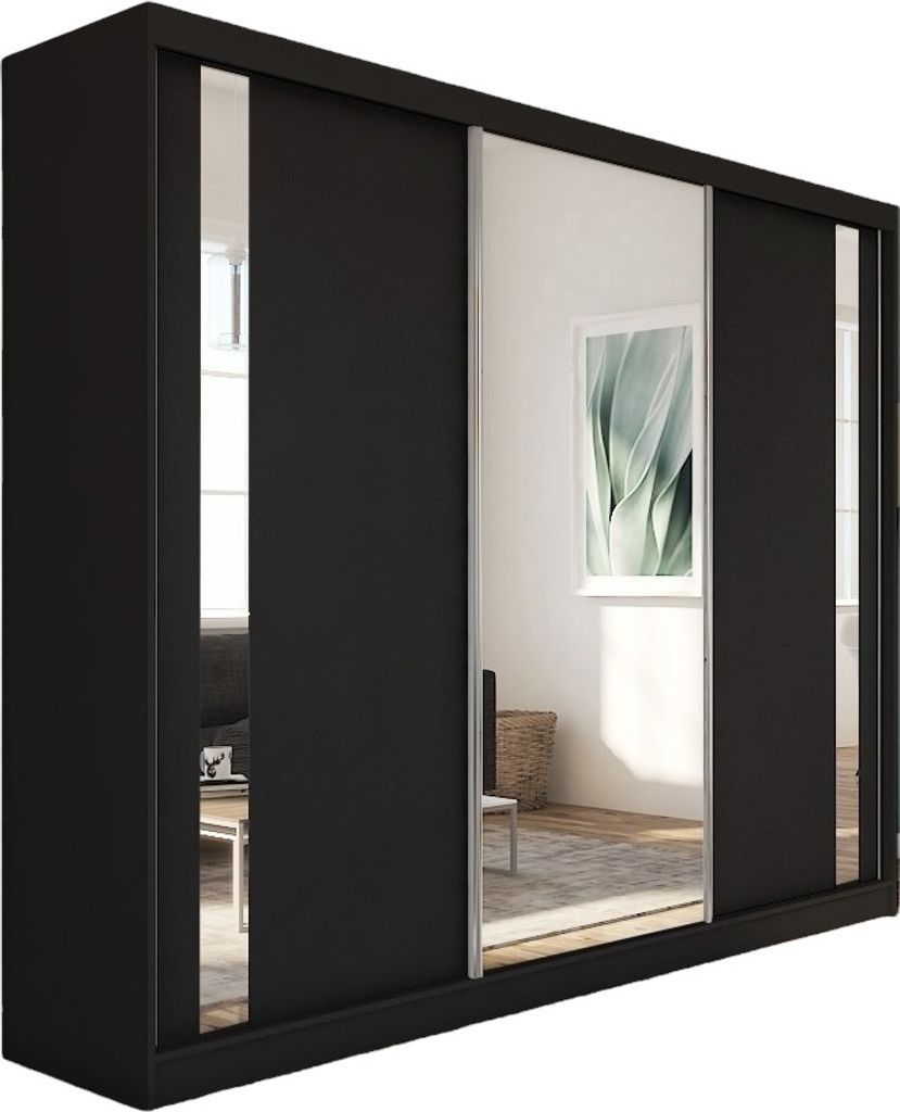 A black wardrobe with mirrored sliding doors.