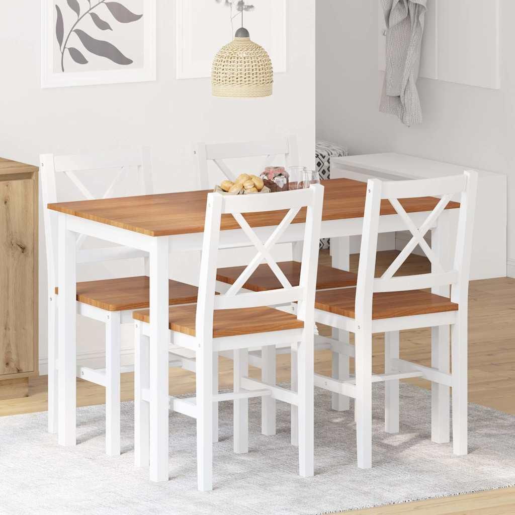 A dining set with a table and four chairs in a room.