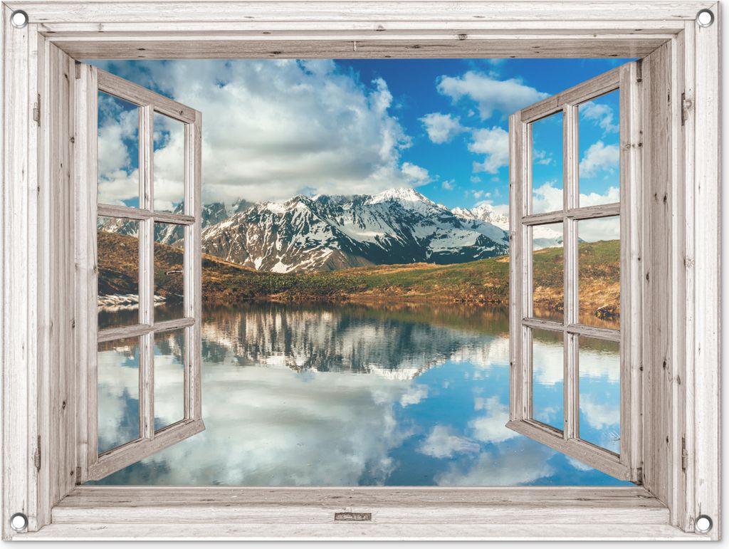 MuchoWow 80x60 cm Outdoor-Poster Gartendeko Sichtschutz Garten Poster für den Garten Aussicht - Berg - Wasser