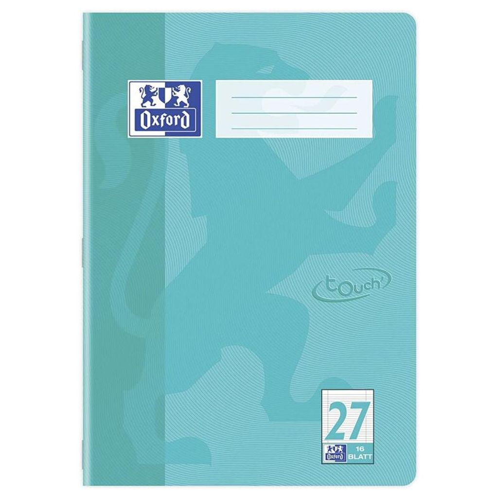 A teal colored notebook with the Oxford logo and other text on the cover.
