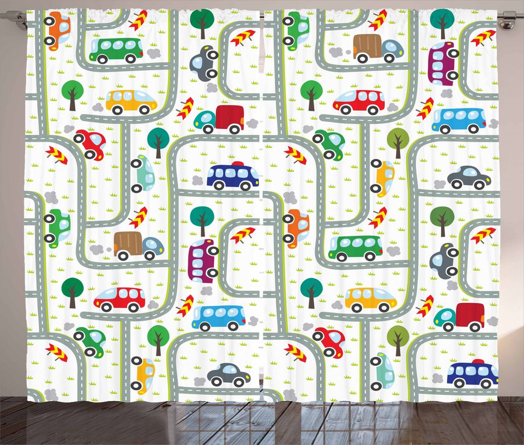 ABAKUHAUS Autos Rustikaler Gardine, Kinder, die auf Verkehr, Schlafzimmer Kräuselband Vorhang mit Schlaufen und Haken, 280 x 245 cm, Mehrfarbig