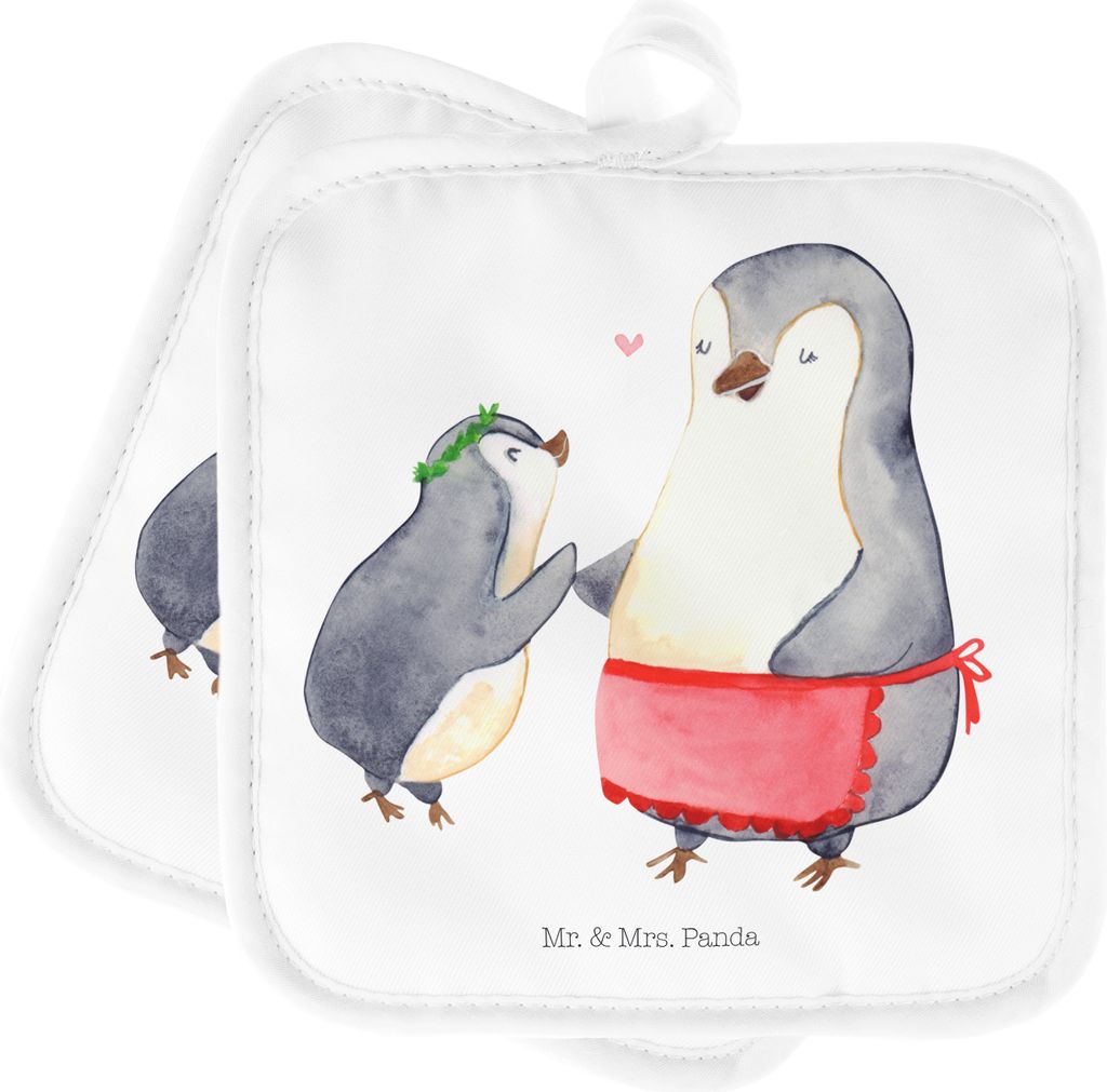 Mr. & Mrs. Panda Topfuntersetzer Pinguin mit Kind - Weiß - Geschenk, Topflappen, Set, Vorbild Mama, Mutter, topfhalter, Muttertag, Ofenlappen, Dop...