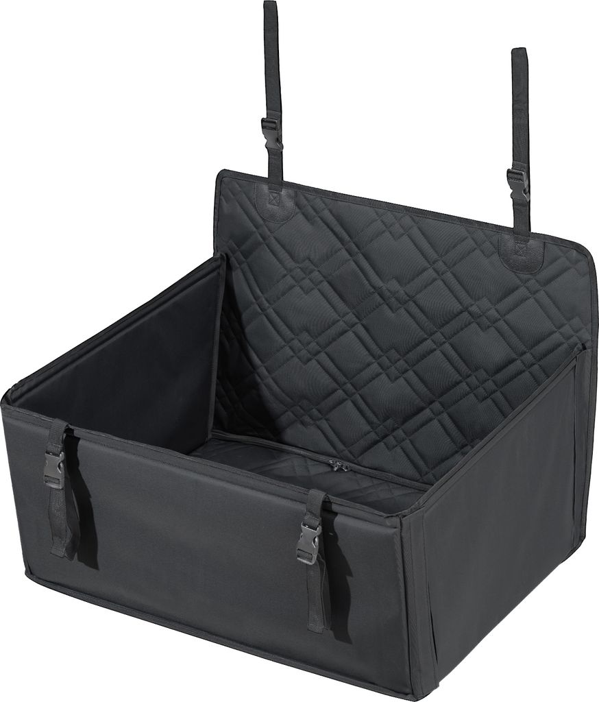 A black fabric car seat booster for pets is shown against a white background.