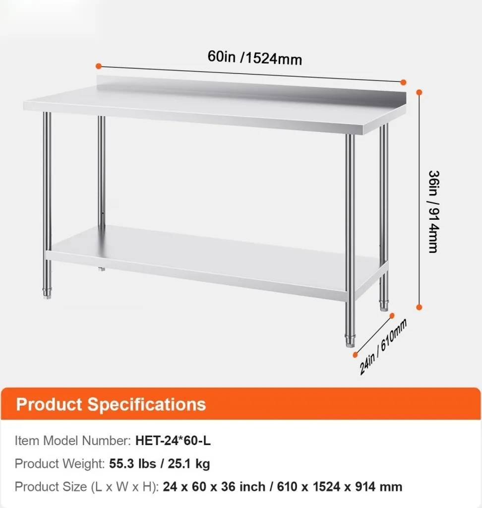 Table de cuisine en inox 61x152 cm - Plan de travail professionnel