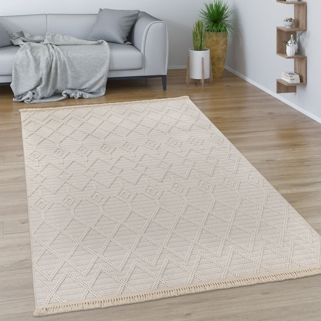 Teppich Wohnzimmer Esszimmer Boho Rauten Muster Geometrisch Mit Fransen Modern Grösse 80x150 cm