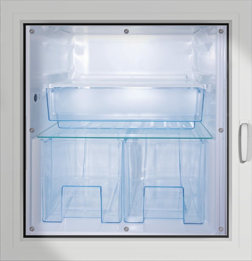Wallario Lichtschutzbild, Dekorativer Sichtschutz Sonnenschutz 96 x 100 cm mit Motiv: Leerer Kühlschrank - offene Leere ohne Inhalt - Verdunklung ...