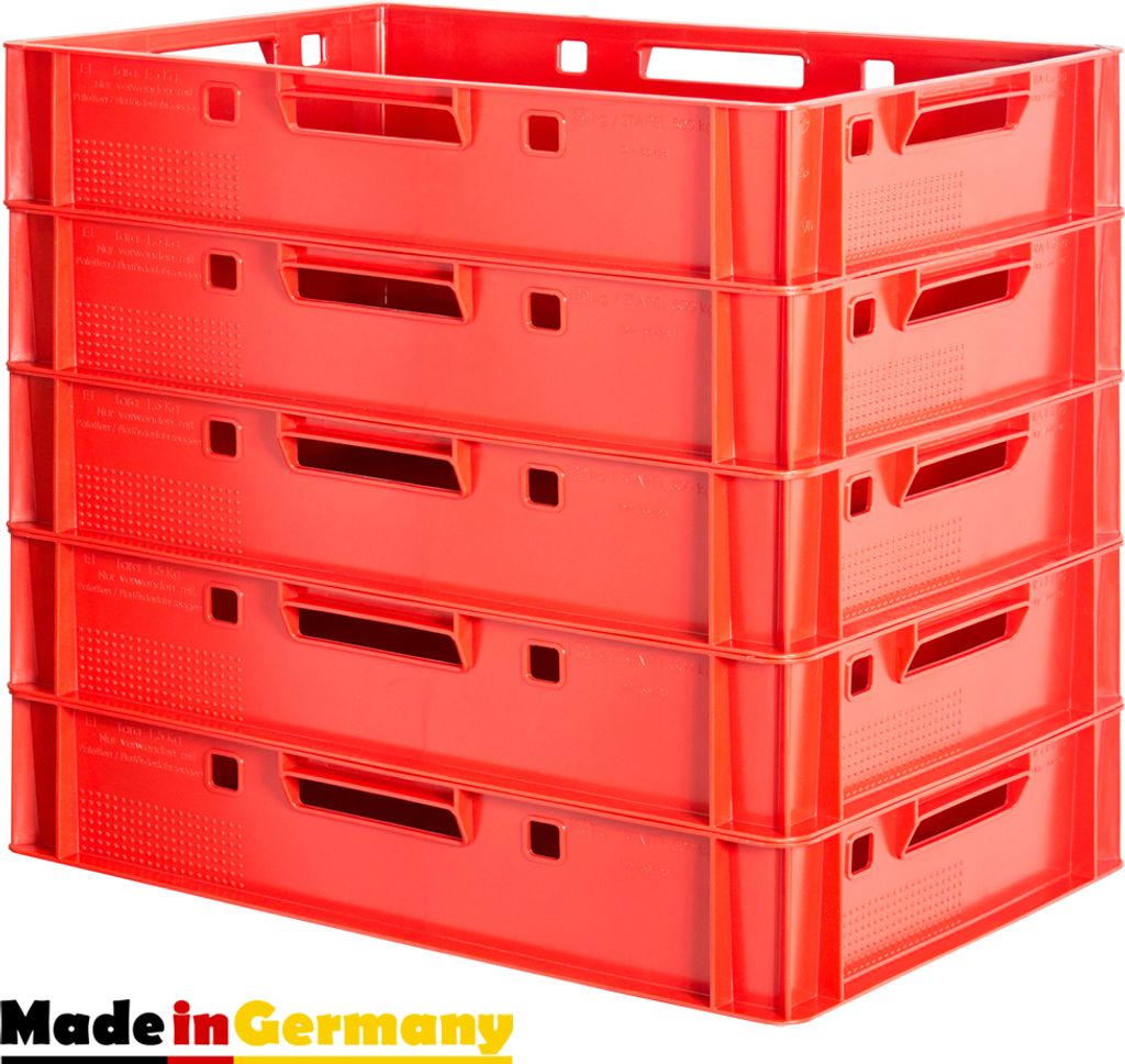 5 Stück E1 Fleischkisten Rot Kisten Eurobox Lebensmittelecht Metzgerkiste Box Aufbewahrungsbox Kunststoff Wanne Plastik Stapelbar Lagerkisten 60 x...