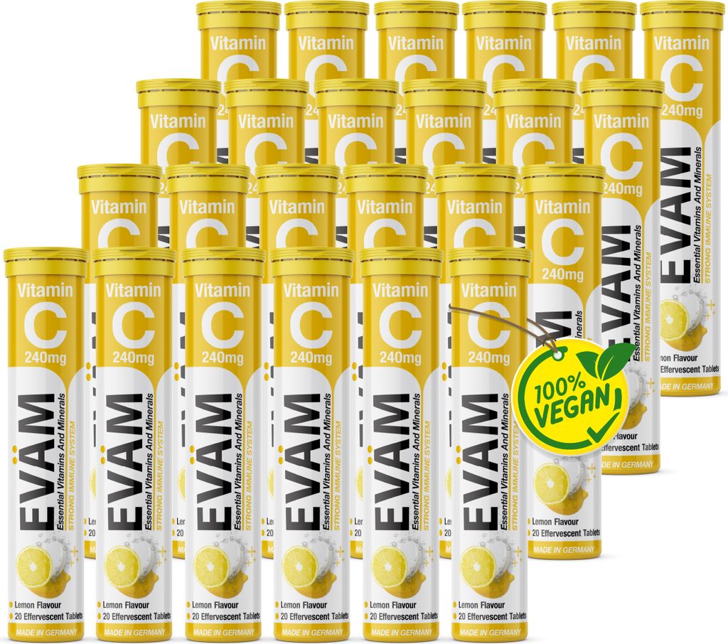 EVÄM Vitamin C 240 mg Brausetabletten Geschmack Zitrone 24x 20 Stück Nahrungsergänzungsmittel zur Unterstützung des Immunsystems zuckerfrei Her...