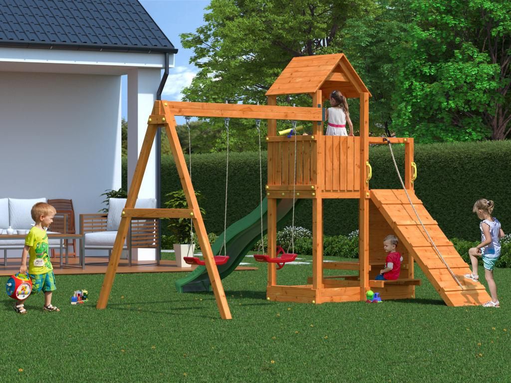 Spielturm Floppi teakfarben inkl. Doppelschaukel + Rutsche grün