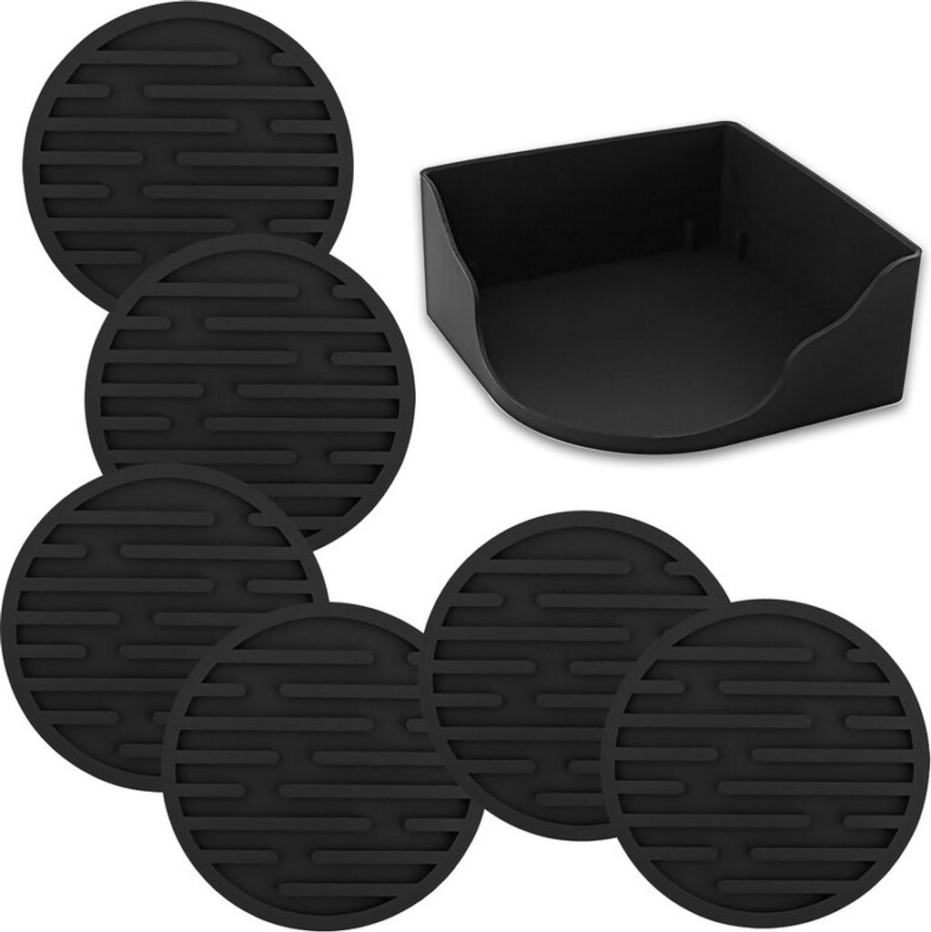 6 PCS Getränke-Untersetzer Weiche Silikon Rutschfest mit Halter-tiefe Ablage-Rand zum Auffangen von kaltem Getränk ohne Verschütten, Schwarz